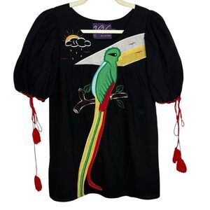 Abstract Parrot Wearable Art Appliqué Black Cotton Blouse SZ S Peasant Top Boho